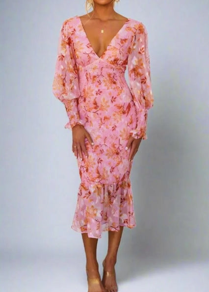 Floral Print Deep V-Neck Balloon Sleeve Smocked Mermaid Hem Midi Dress