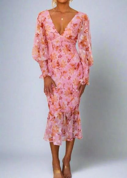 Floral Print Deep V-Neck Balloon Sleeve Smocked Mermaid Hem Midi Dress