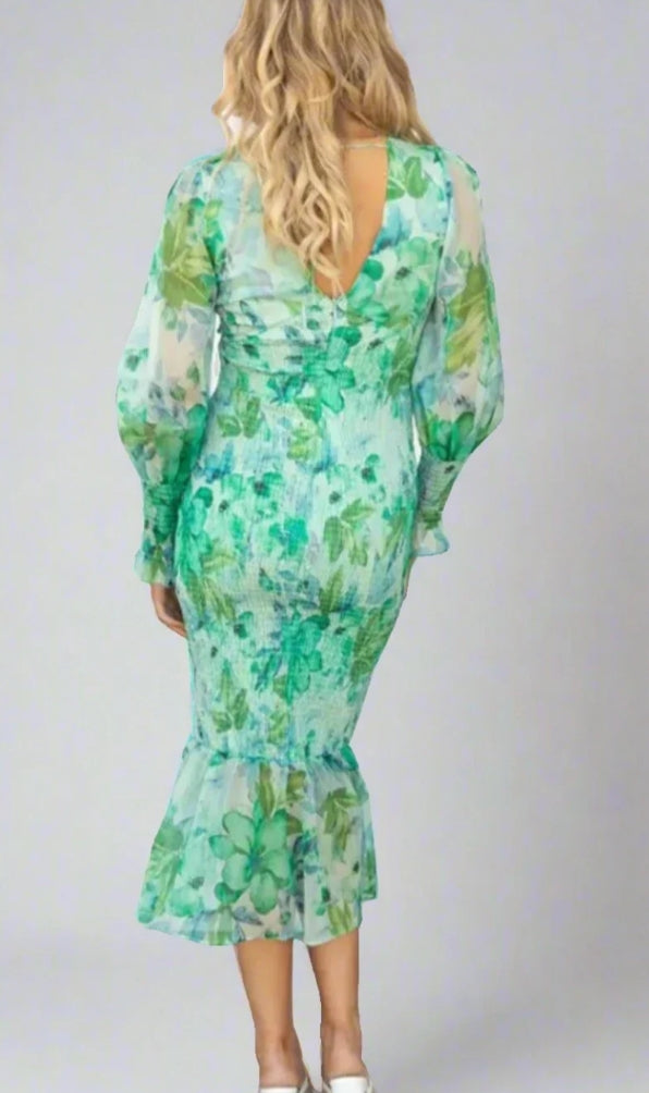 Floral Print Deep V-Neck Balloon Sleeve Smocked Mermaid Hem Midi Dress