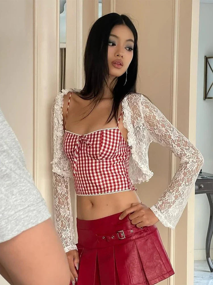 Hottie Plaid Print Camisole Irregular Edges Bow Midnight Street Sweet Versatile Skinny 2025 Summer Trend Daliy Mini Tops