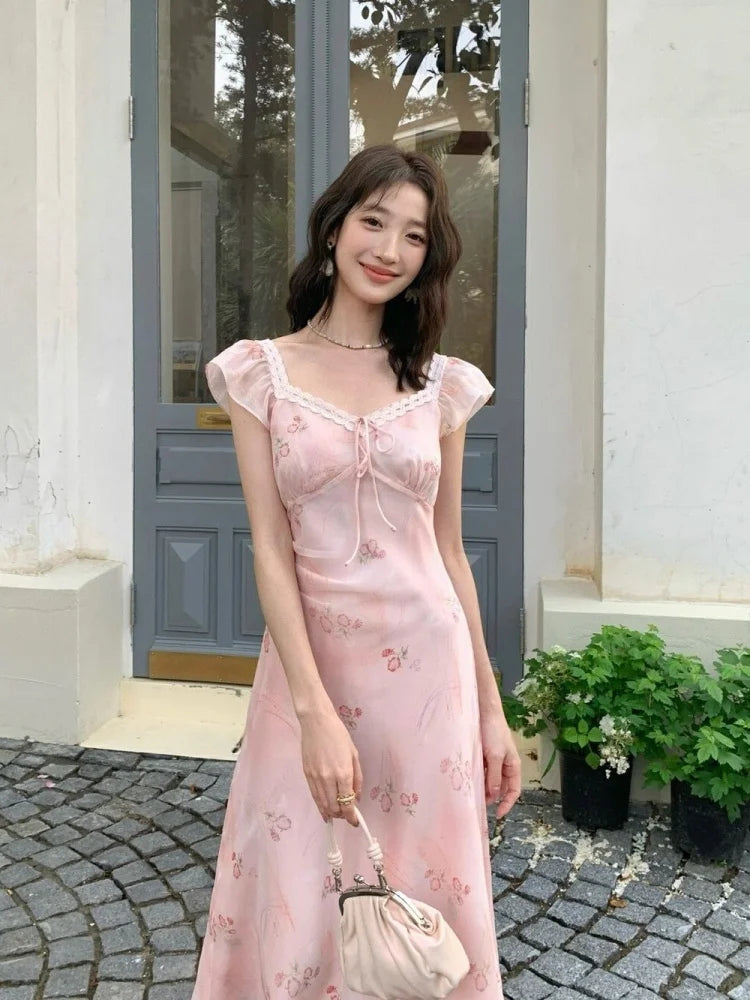 French Holiday Style Sweet Summer Dresses Women New Fashion Floral Pink Chic Long Dress Female Elegant Korean Popular Clothes