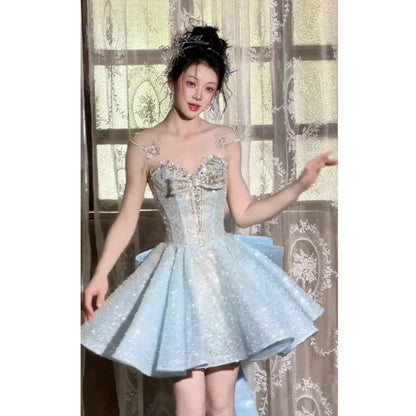 Summer New Blue Heavy Craft Engagement Short Dress Fairy Style High-End Light Luxury Birthday Party Host Dress