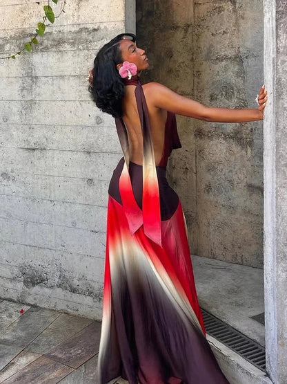 Halter Tie Neck Ombre Gradient Backless Draped Sash Maxi Dress