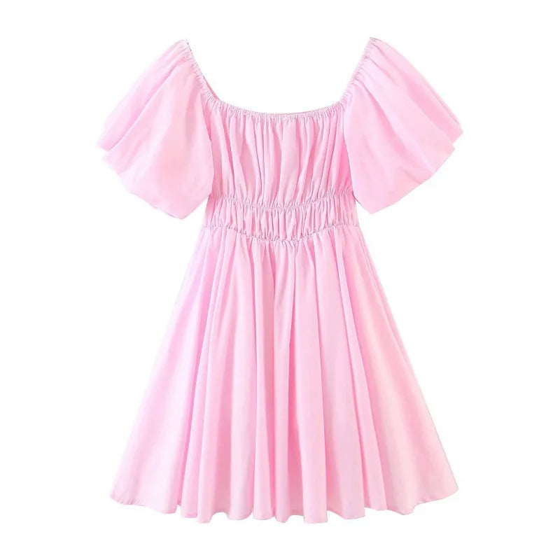 Elegant Sexy Square Collar Mini Dress Women Vintage Puff Short Sleeve Elastic Waist Summer Dresses Female Boho Vestidos