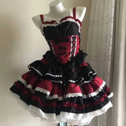 New Lolita Japanese Maid Suit Suspender Lace Bow Upper and Lower Suit Two-dimensional Sweet Cute Cos Comic Show Cake Skirt