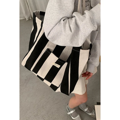 Checkered Canvas Bag for Women Korean Tote Casual Large Capacity Student Shopping Bags