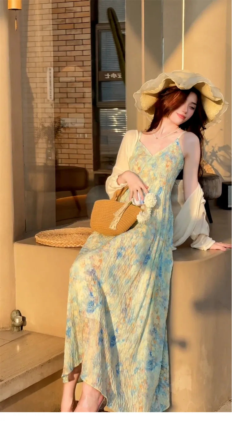 New Pink V-Neck Floral Print Halter Dress Women's Summer Vacation Style Long Dress Tea Break Sweet High Waist A-Line Skirt