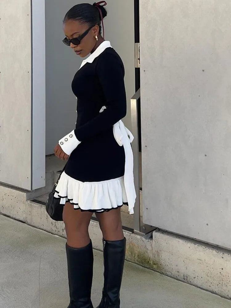 Pointed Collar Button Front Contrast Cuff Ruffle Hem Knit Mini Dress