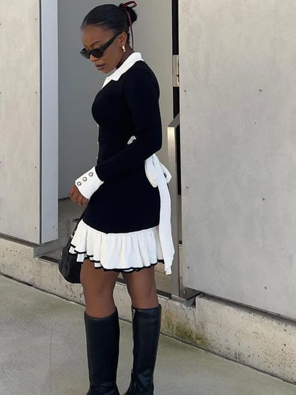 Pointed Collar Button Front Contrast Cuff Ruffle Hem Knit Mini Dress