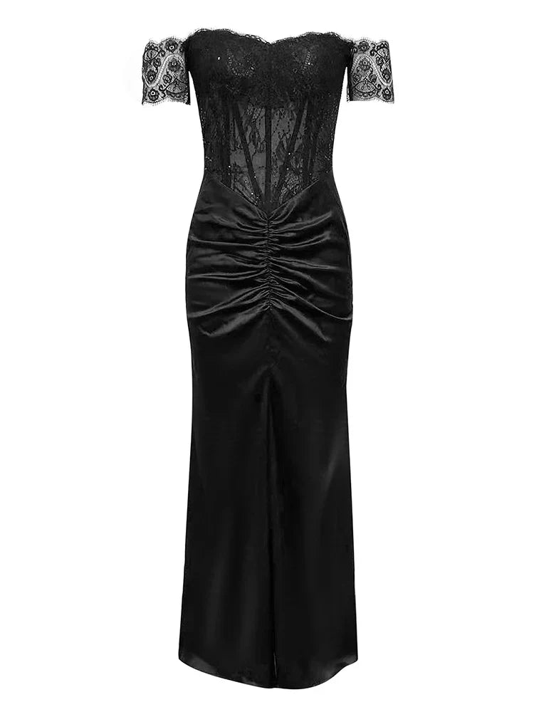 Off Shoulder Lace Corset Bodice Satin Ruched Center Maxi Gown