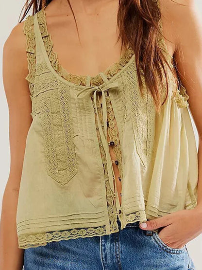 White Lace Trim Tank Top Women U Collar Single Breasted Drawstring Vest Summer Casual Fashion Hollow Out Camisole 2025 New