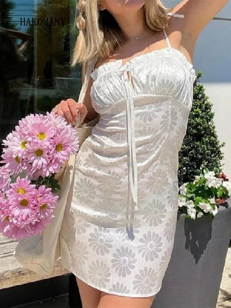 Woman Backless Mini Spaghetti Strap Lacing up wood ears Ruched Collar Holiday Robe Sexy White Daisy Flower Satin Sling Dress