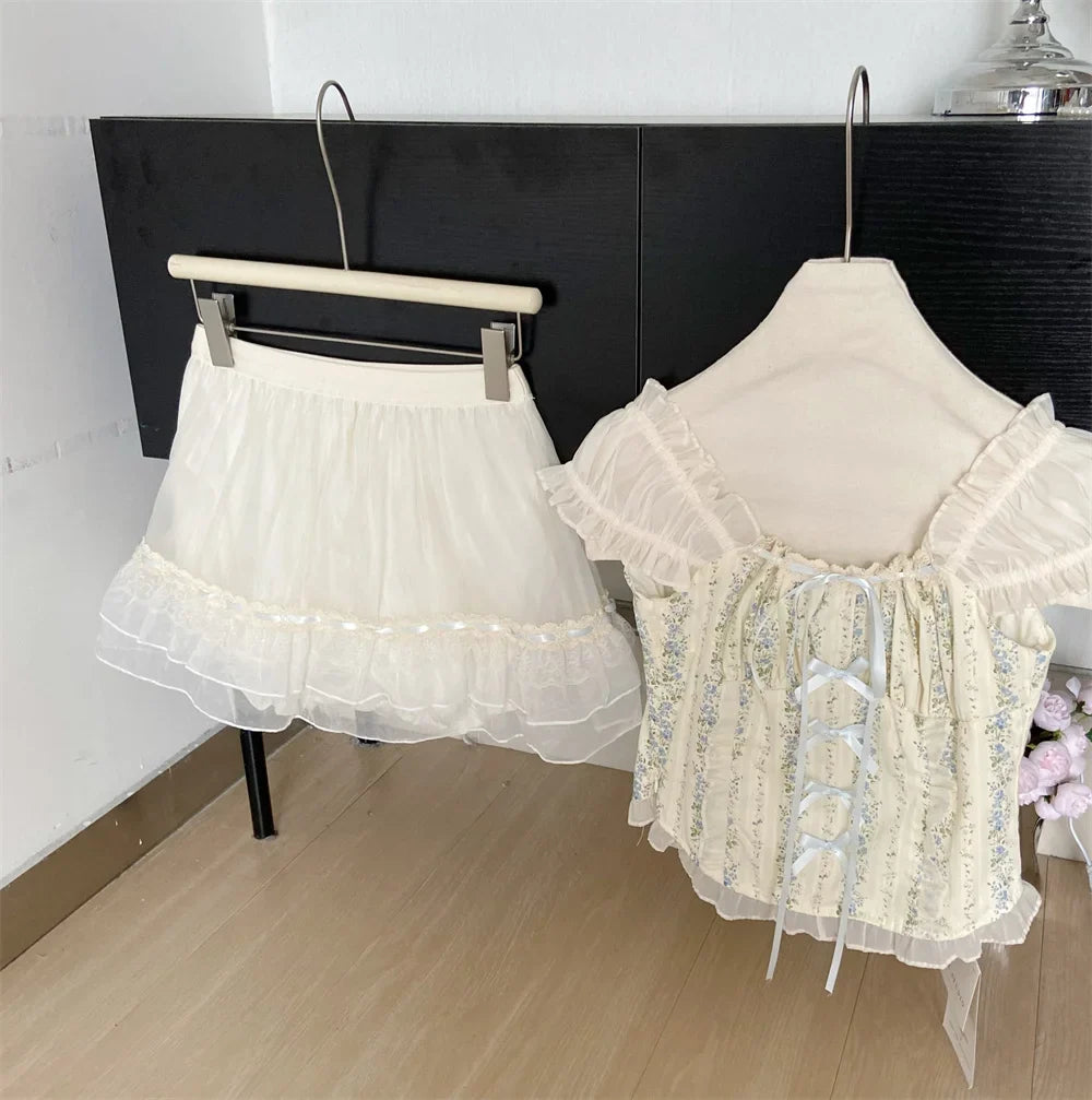 Y2K Two-piece Skirt Set Off Shoulder Square Collar Lace-up Cropped Top A-line Mini Skirt Sweet Summer New Slim Princess Outfits