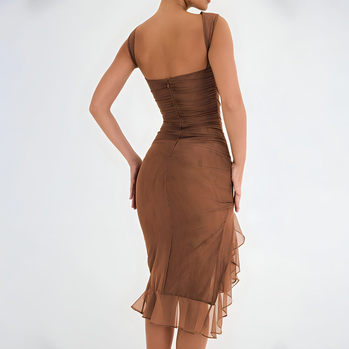 Ruched Crew Neck High Split Ruffle Hem Bodycon Midi Dress