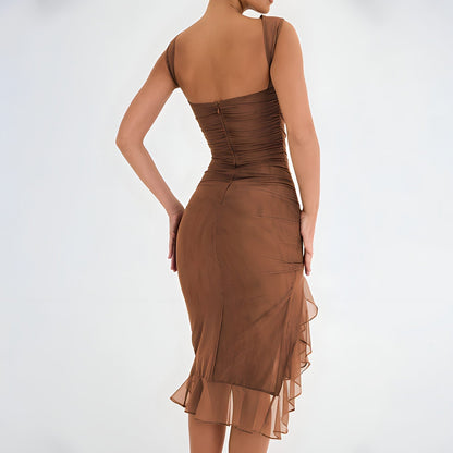 Ruched Crew Neck High Split Ruffle Hem Bodycon Midi Dress