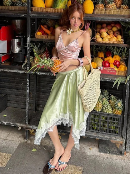 Women Hottie 2 Piece Set Lace Patchwork Low-Neck Tank Top+Irregular Hem Skirt Fashion Vacation Party Street Suits