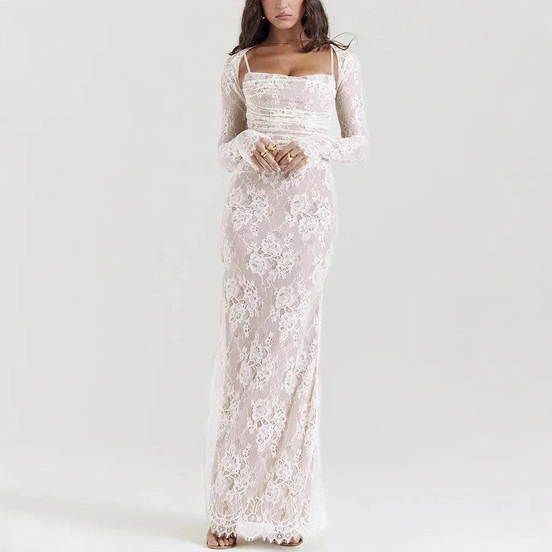 Sweetheart Floral Lace Tiered Ruffle Maxi Dress