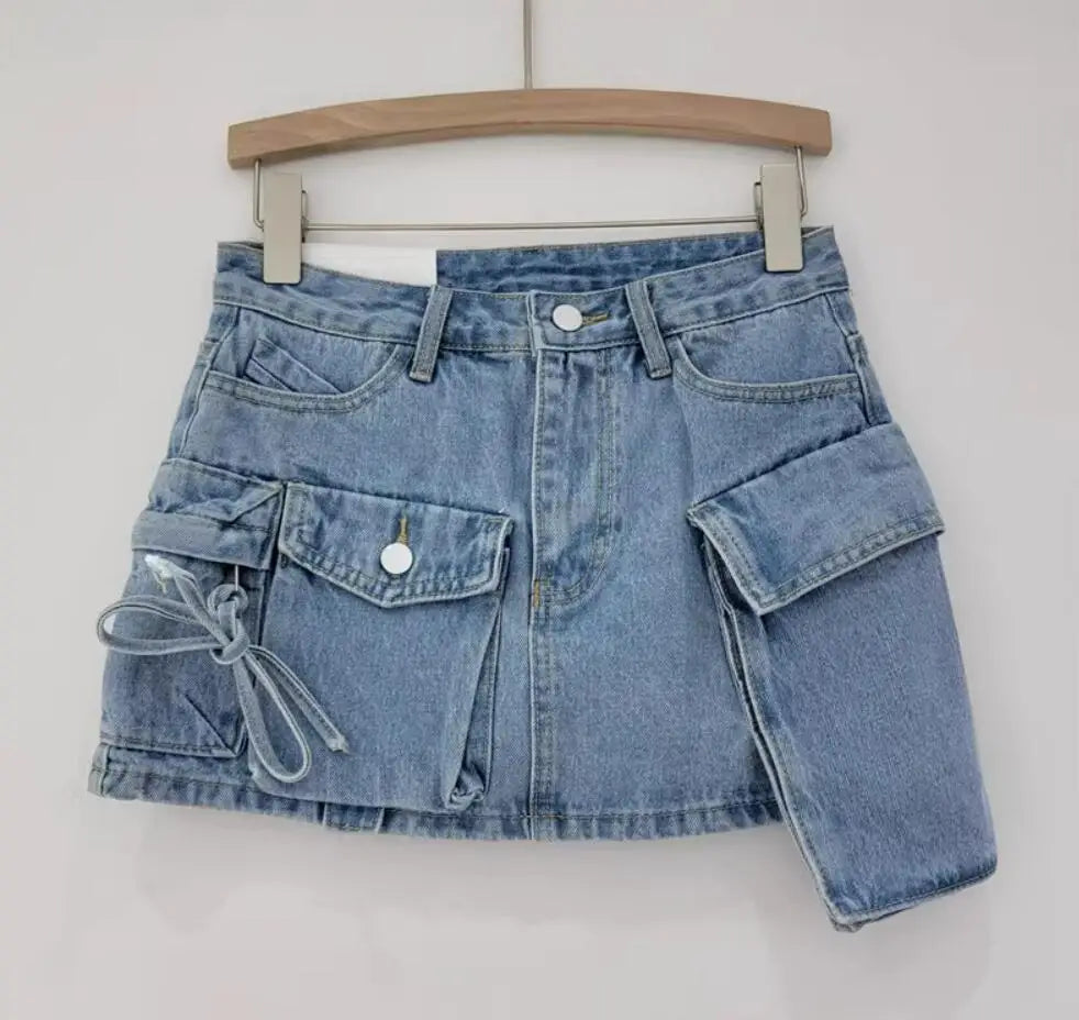 Y2K Low Waist 3D Pockets Mini Denim Skirt With shorts lining Sexy Rope Bow Side Package Hips Short Skater Light blue gray white