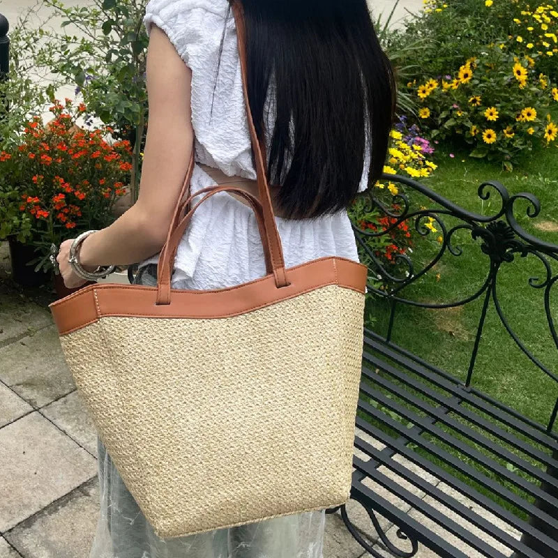 Summer Large Capacity Tote Bag Women Shoulder Bag Handmade Woven Bag Fresh Rural Handheld Grass Woven Women Bag