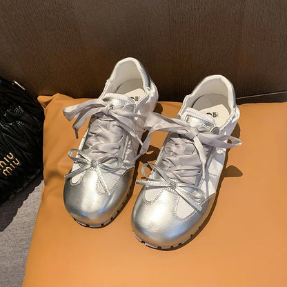 Designer New Bow Solid Color Ballet Women's Shoes Spring Autumn Fashion Flat Soft Leather Ribbon Round Head Ladies Sneakers