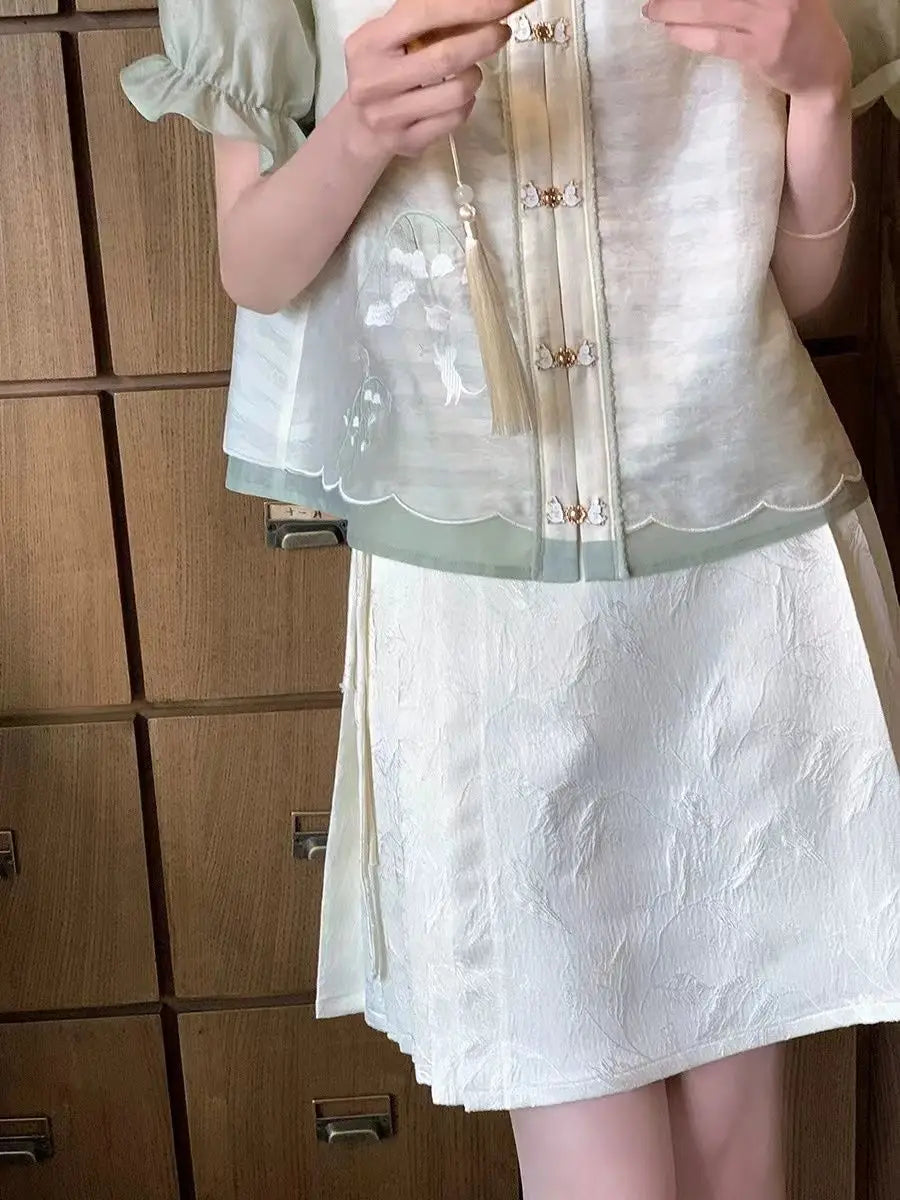 Cream Patched Lace Wide Leg Pants Cat Embroidered Chinese Style Sweet Short Sleeve Blouses Summer Two Piece Set Women Outfits