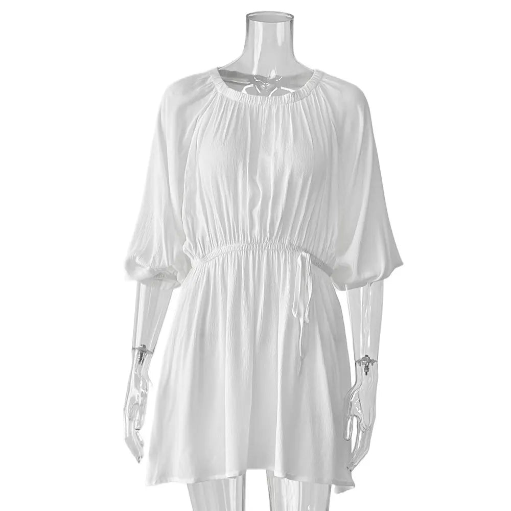 White Textured Mini Dresses Women New Scoop Neck Long Sleeve Lace-up A-line Vestidos Summer Beach Holiday Casual Cover-up