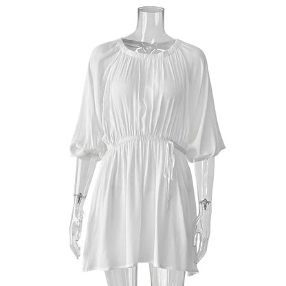 White Textured Mini Dresses Women New Scoop Neck Long Sleeve Lace-up A-line Vestidos Summer Beach Holiday Casual Cover-up