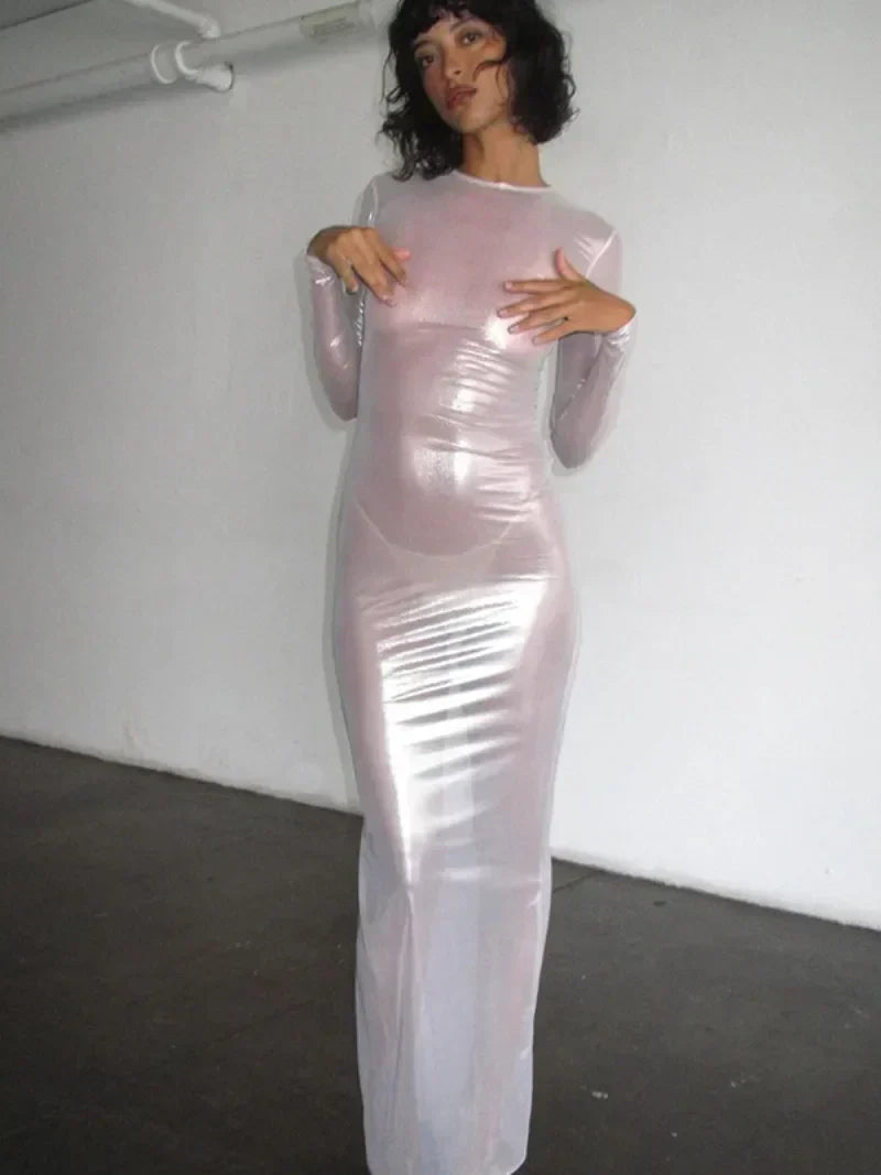 Crew Neck Sheer Mesh Shimmer Long Sleeve Bodycon Maxi Dress