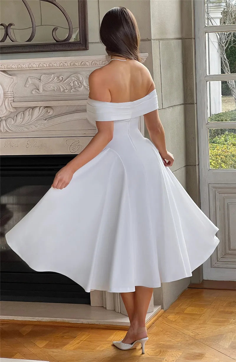 Off-Shoulder Folded Band Box Pleat Flare Midi Dress