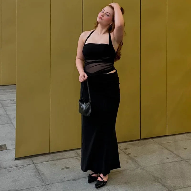 Halter Mesh Ruched Midriff Wrap Panel Bodycon Maxi Gown