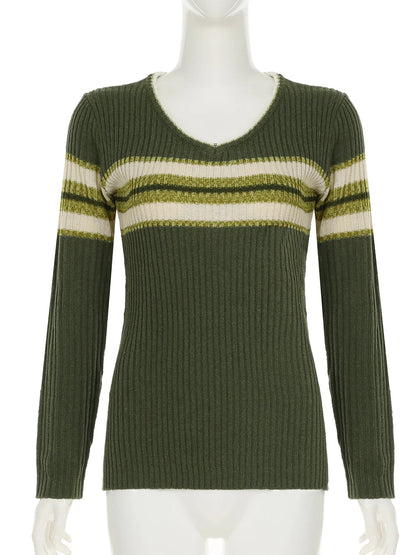 Casual Striped Knitted Sweater Basic V-Neck Long Sleeve Pullovers Women Autumn Winter Fashion Streetwear Ladies