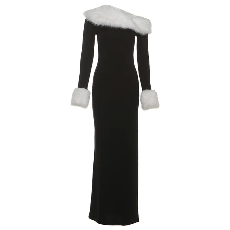 Elegant Furry Patchwork Black Bodycon Maxi Party Dress Women Inclined Shoulder Full Sleeve High Split Evening Gown Christmas