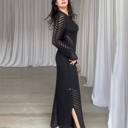 Chevron Mesh Panel Crew Neck Sleeveless Side Slit Knit Maxi Dress
