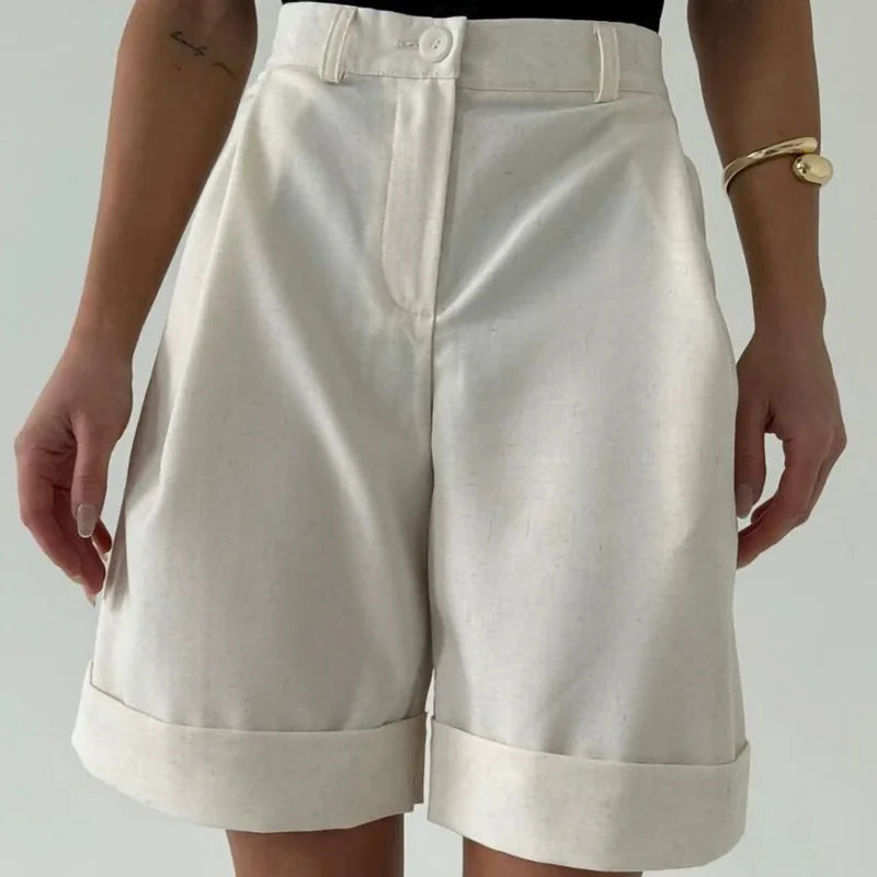 High Waisted Bermuda Shorts Women Elegant Pleated Wide Leg Shorts Linen Cuffed Office Lady Summer Shorts Casual Cotton New