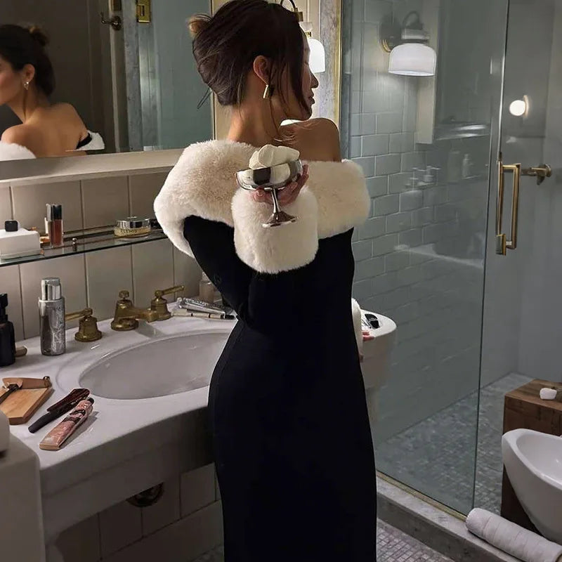 Elegant Furry Patchwork Black Bodycon Maxi Party Dress Women Inclined Shoulder Full Sleeve High Split Evening Gown Christmas