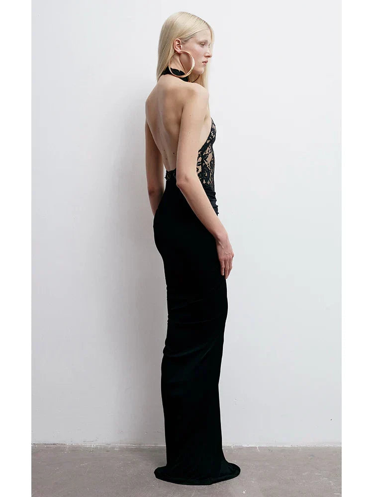 Halter Neck Floral Lace Bodice Column Maxi Dress
