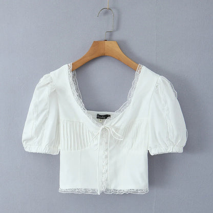 New Summer Short-sleeved Tops Solid Lace Edges V-neck Pleated Design Elegant White Shirt Fashion Holiday Party Crop Tops