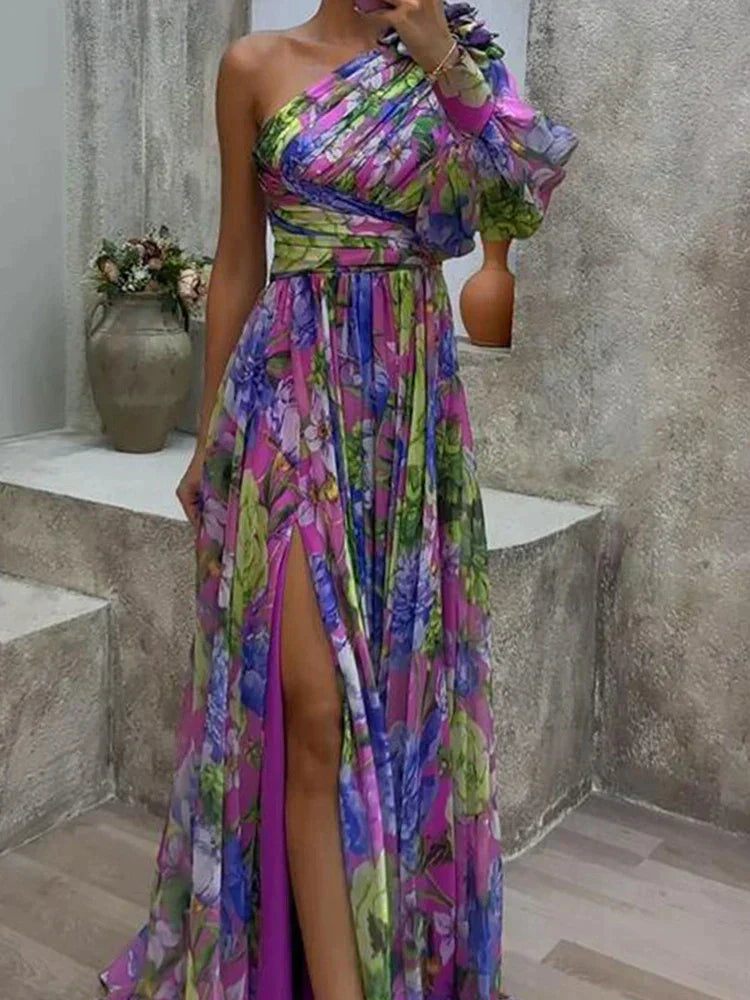 One Shoulder Puff Sleeve Ruched Floral High Slit Maxi Dress