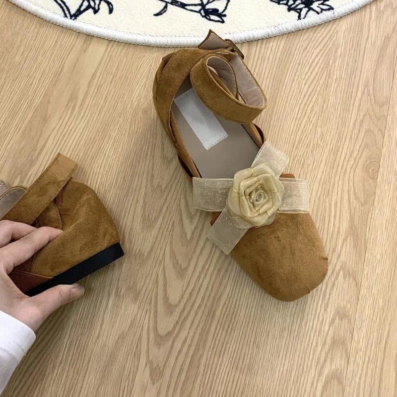 New Fashion Flower Square Toe Shallow Shoes Women Buckle Vintage Suede Autumn Women's Party Comfort Ballerinas Shoes