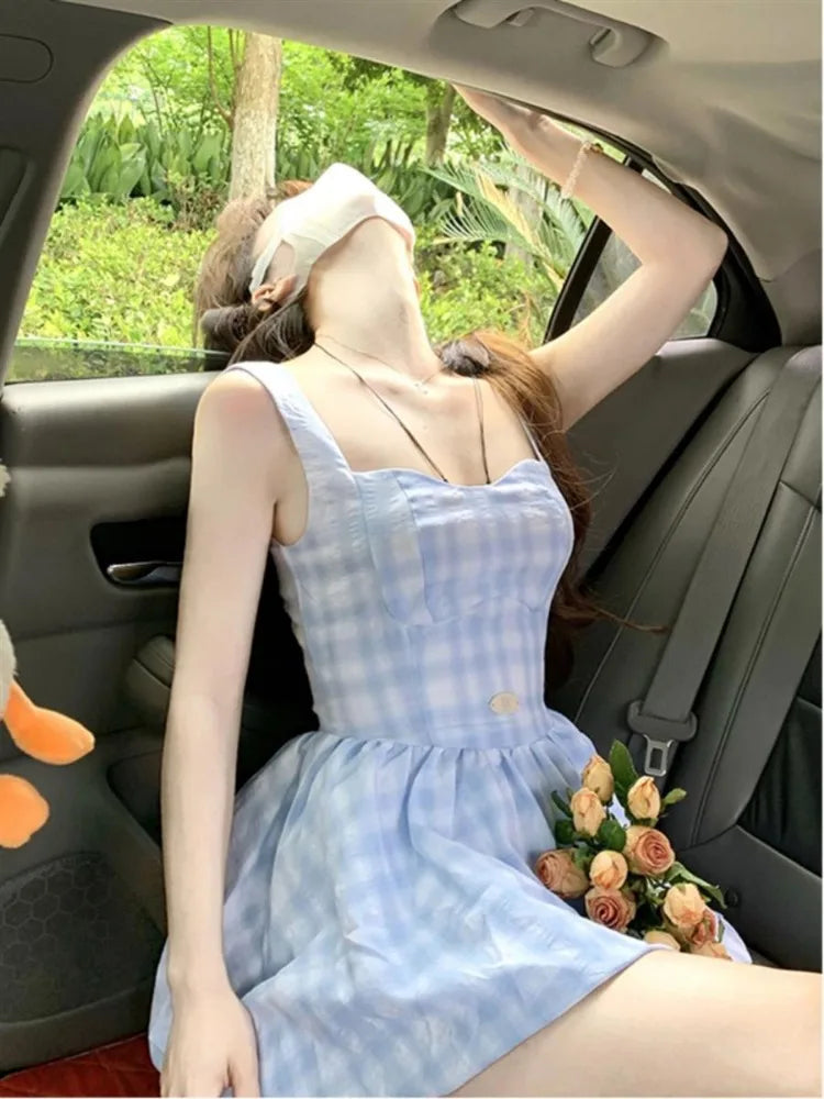 Plaid Dresses Women Sleeveless Sweet Square Collar Spring Summer Fashion Elegant Party Mini Dress Female Casual