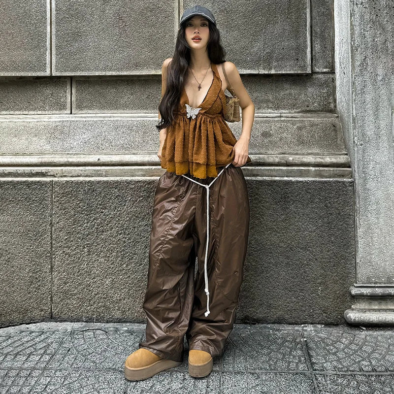 Women's Streetwear Pants Influencer Loose Casual Pleated Waist Hanging Rope Decoration Windproof Pocket Long Trousers Pants