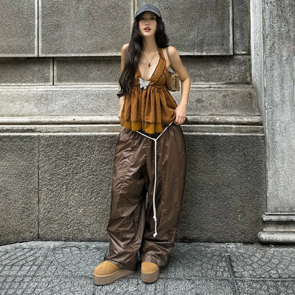 Women's Streetwear Pants Influencer Loose Casual Pleated Waist Hanging Rope Decoration Windproof Pocket Long Trousers Pants