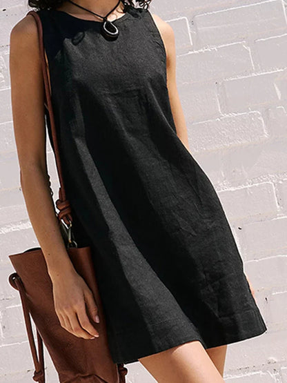 Solid Color Backless Mini Dress Women Crew Neck Sleeveless Simple Short Vestidos Summer Chic Casual Elegant A-line Dresses New
