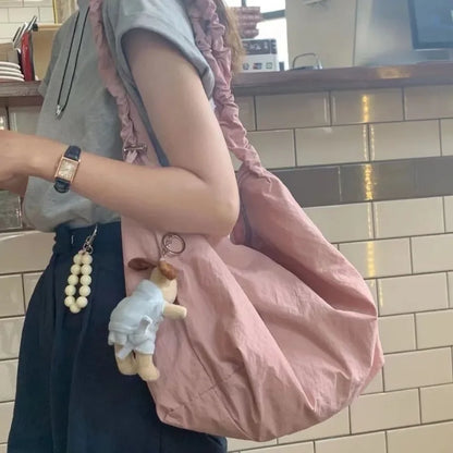 Cute Pink Shoulder Bag Women Pleated Solid Color College Style Fashion Tote Bag Large Capacity Drawstring Elegant Handbag