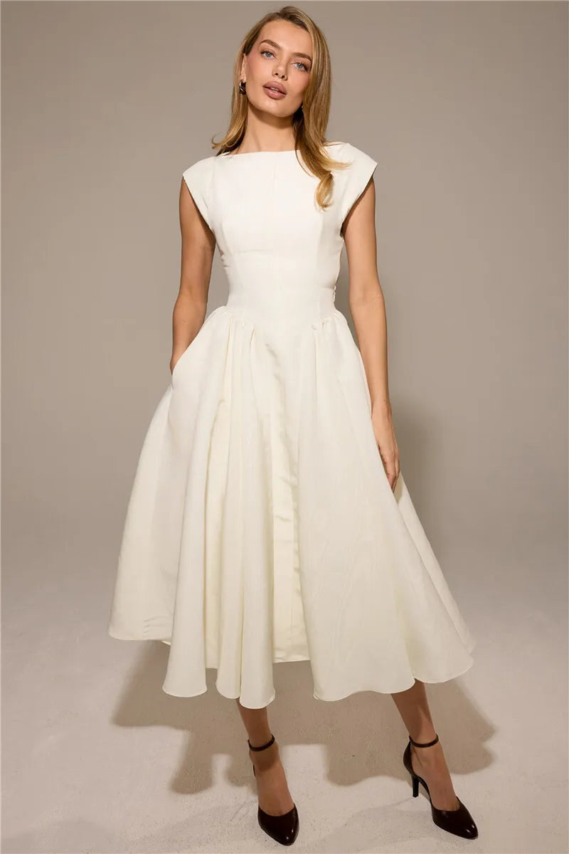 Boat Neck Cap Sleeve Pleated Waist Band Fit and Flare Midi Dress