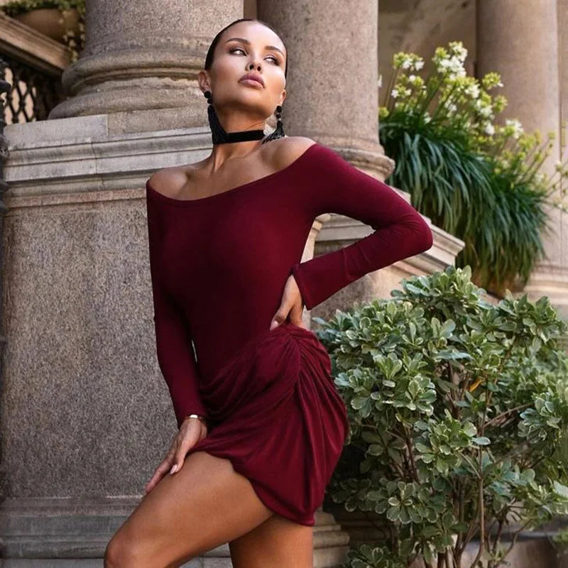 Scoop Neck Long Sleeve Ruched Draped Wrap Hem Bodycon Mini Dress
