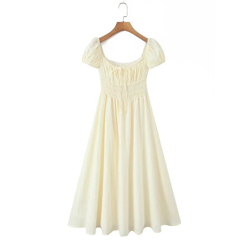 Vacation Style Casual Summer Dresses 2026 Women Square Neck Short Sleeve A-line Midi Dress Solid Robe