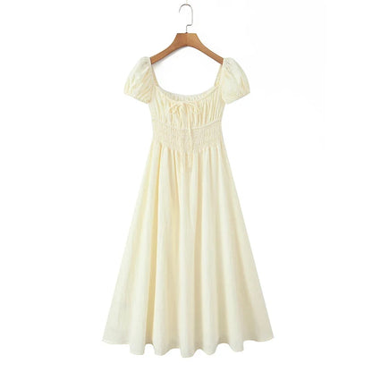 Vacation Style Casual Summer Dresses 2026 Women Square Neck Short Sleeve A-line Midi Dress Solid Robe