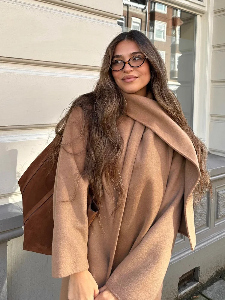 Women Elegant Brown Long Woolen Coats With Scarf Fashion Double Breasted Oversized Thicken Overcoats Lady Daily Streetwear