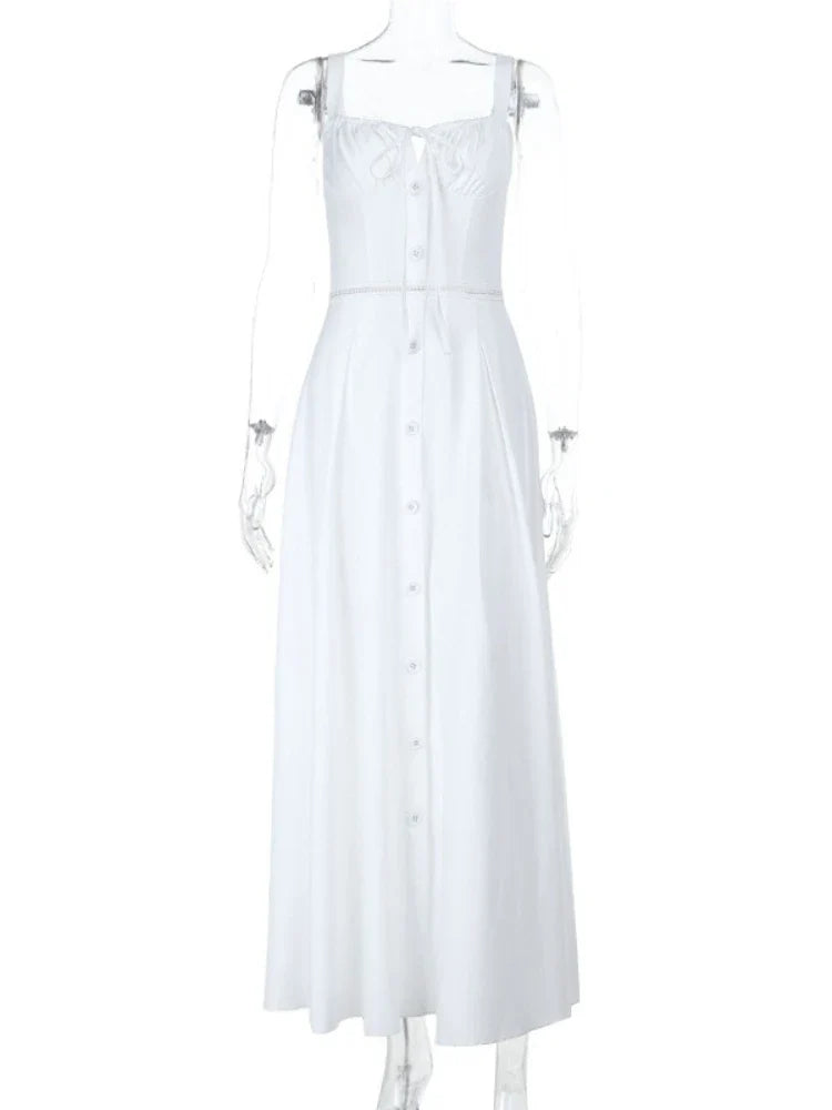 Women's Elegant White Lace-up Square Neck Spaghetti Strap Sleeveless Hollow Waist Slim A Line Long Vacation Summer Dress